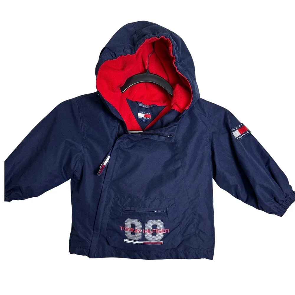 Tommy‎ Hilfiger Kids Navy Blue Fleece Lined Hooded Windbreaker Jacket 2T Vintage